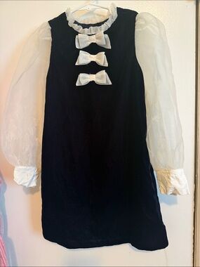 Zara Navy Blue and White Velvet Bow-Paneled Formal Dress